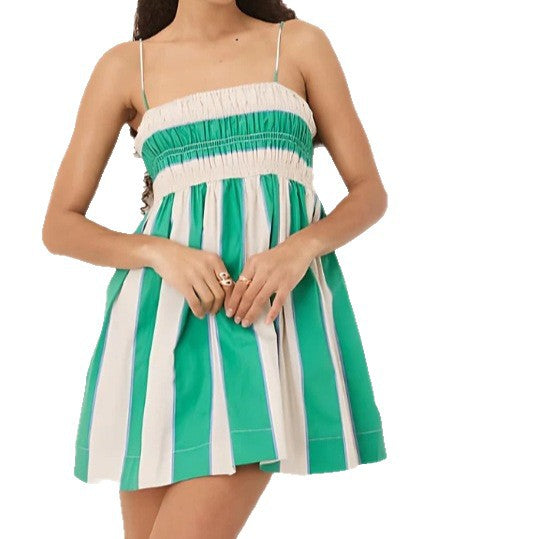 Women's spaghetti strap mini dress with smocked bodice, empire waist, and flared skirt Mune Fashion