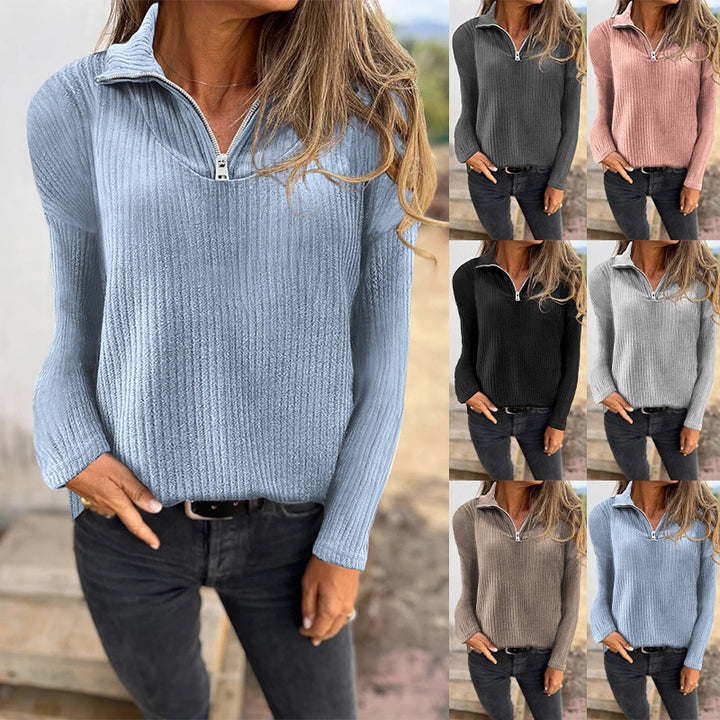 Women Ribbed Knit Sweater with Half Zip and Stand-Up Collar Mune Fashion