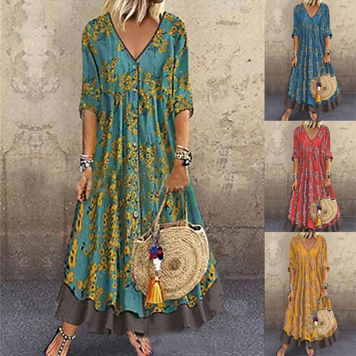 Women’s maxi dress in boho style with V-neck, continuous button placket and tiered skirt Mune Fashion