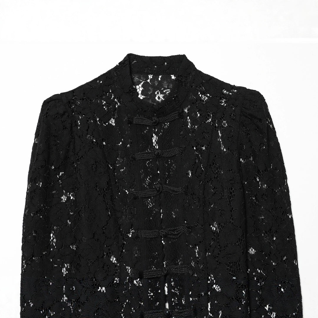 Ladies nan elegant lace jacket with stand-up collar, decorative cord closures and cropped silhouette Mune Fashion
