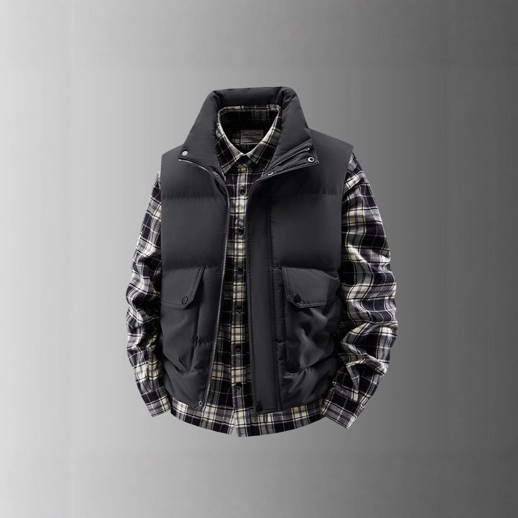 Men's Padded Quilted Vest with Utility Pockets and High Standing Collar Mune Fashion