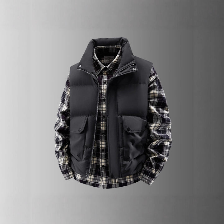 Men's Padded Quilted Vest with Utility Pockets and High Standing Collar Mune Fashion