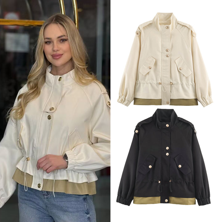 Women's 10+ Short Utility Jacket with Waist Gathering, Stand Collar, and Shoulder Epaulets Drune