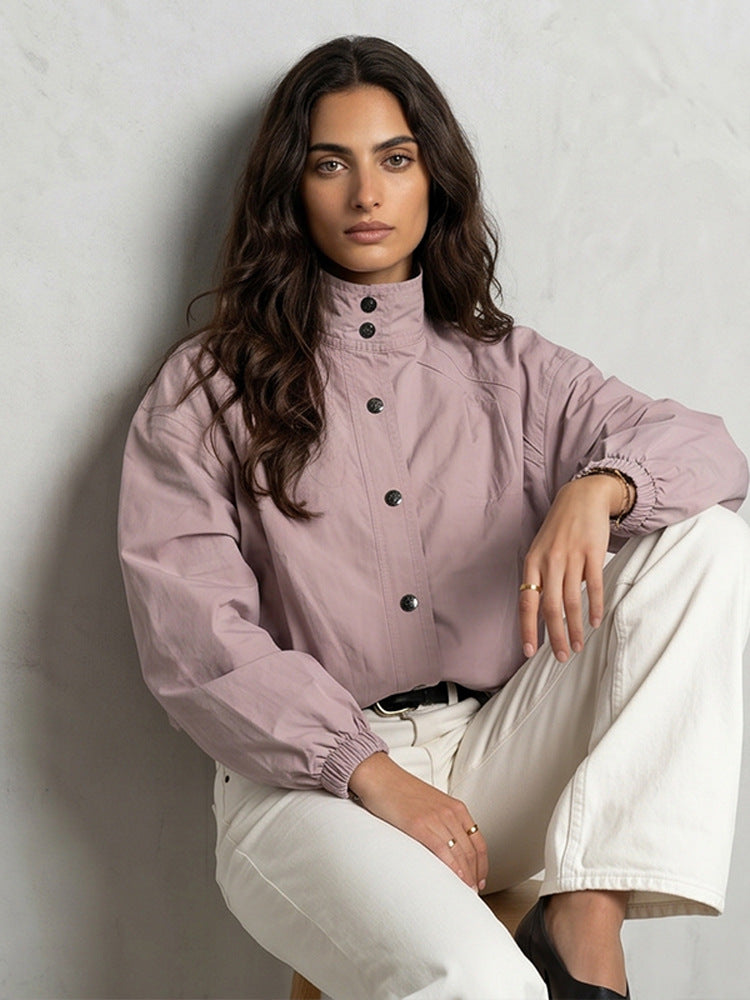 Ladies Short Boxy Bomber Jacket with Stand Collar and Snap Button Closure Mune Fashion