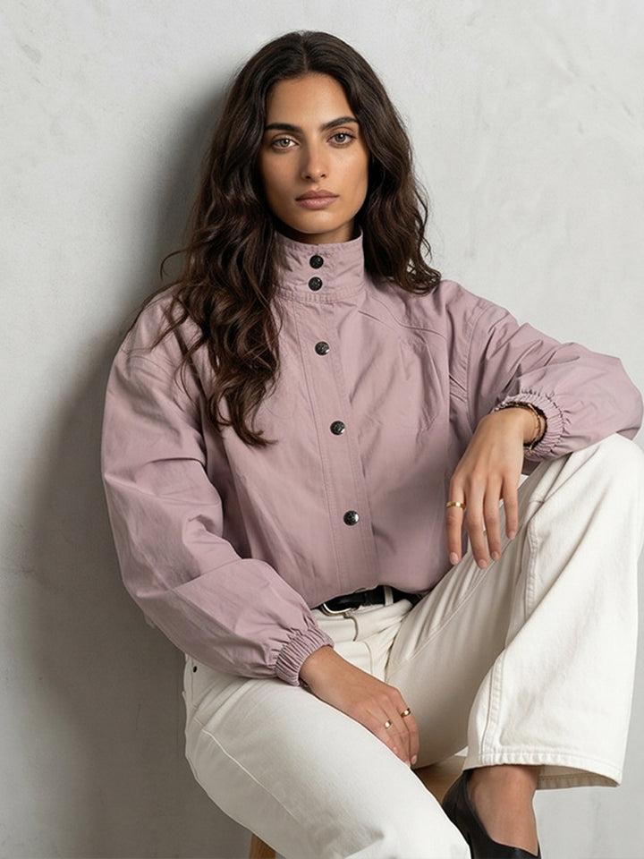 Ladies Short Boxy Bomber Jacket with Stand Collar and Snap Button Closure Mune Fashion