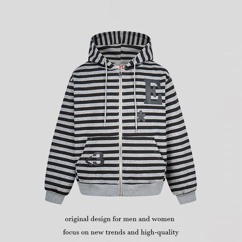 Women's oversized striped hooded sweatshirt jacket with full-length zipper and typographic front print Mune Fashion
