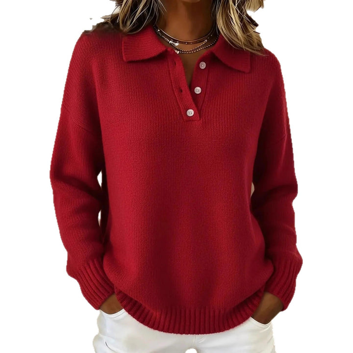 Women's cozy polo collar sweater with short button placket and ribbed cuffs Mune Fashion