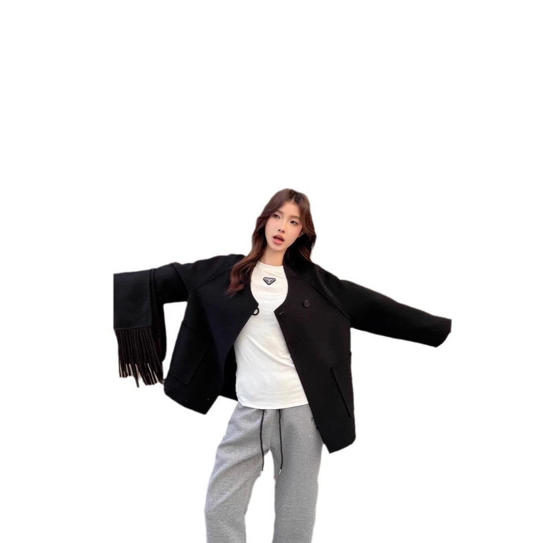 Women Oversize Wool Coat with Voluminous Shawl Collar and Fringes Mune Fashion