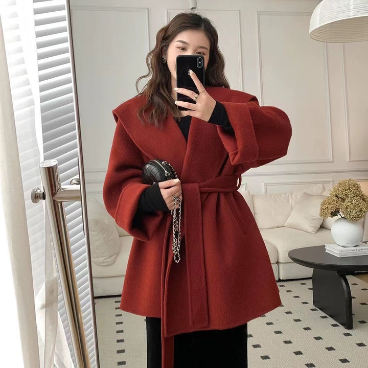 Women's Oversized Wool Coat with Hood and Waist Belt Mune Fashion