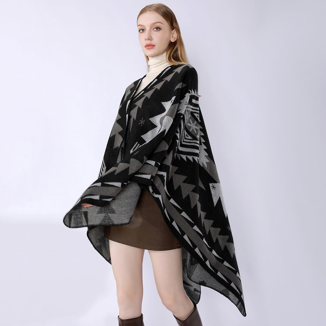 Women's wool blend cape with graphic ethnic pattern and decorative overlock seam Mune Fashion