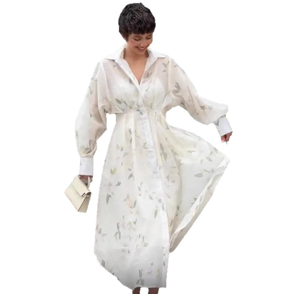Women's Transparent Shirt Dress Made of Organza with Tailored Silhouette and Balloon Sleeves Mune Fashion