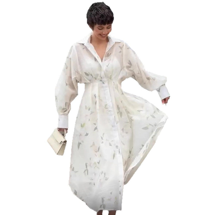 Women's Transparent Shirt Dress Made of Organza with Tailored Silhouette and Balloon Sleeves Mune Fashion