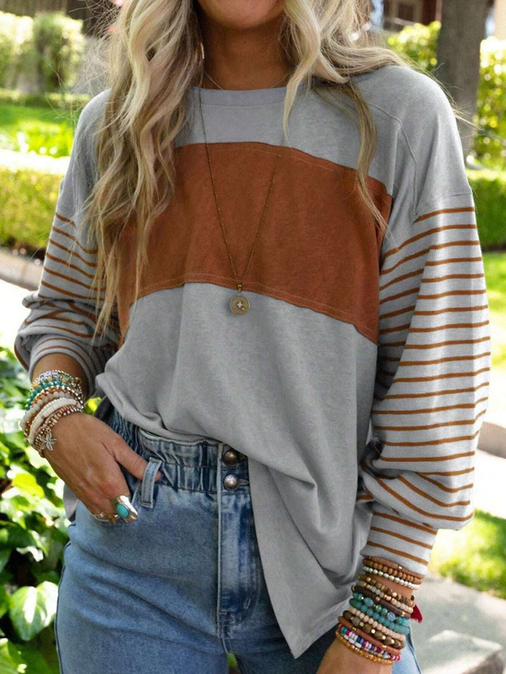 Women's Oversize Long Sleeve with Color Block, Striped Sleeves and Round Neck Mune Fashion