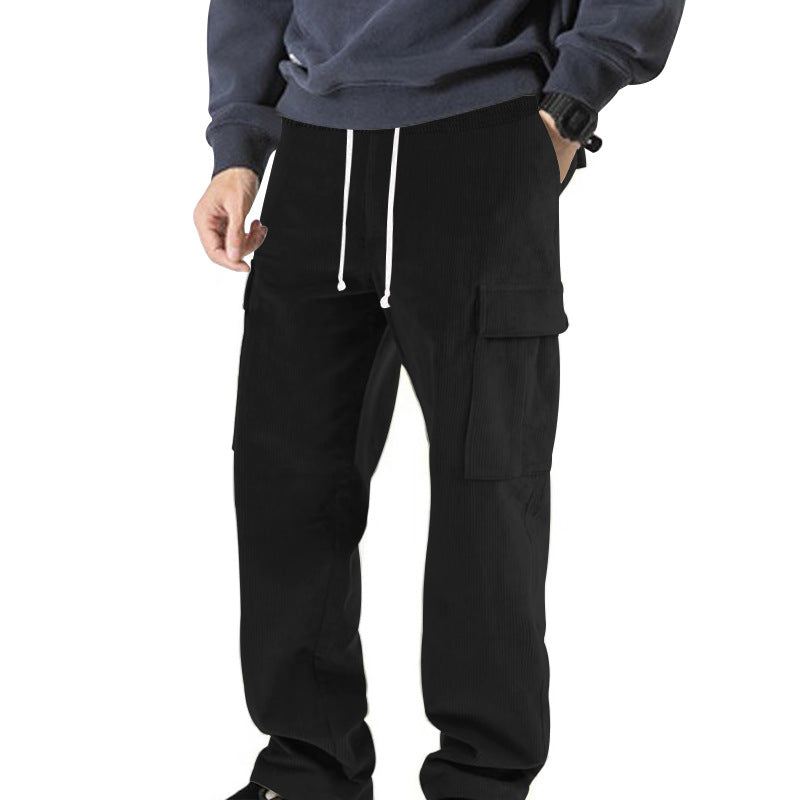Men's ribbed comfortable cargo pants with elastic drawstring waistband and low-set flap pockets Mune Fashion