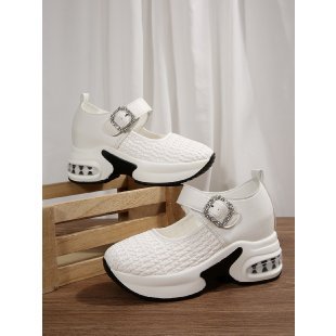 Women's Platform Sneaker Mules with Knitted Upper, Decorative Straps and Sculpted Air Sole Mune Fashion
