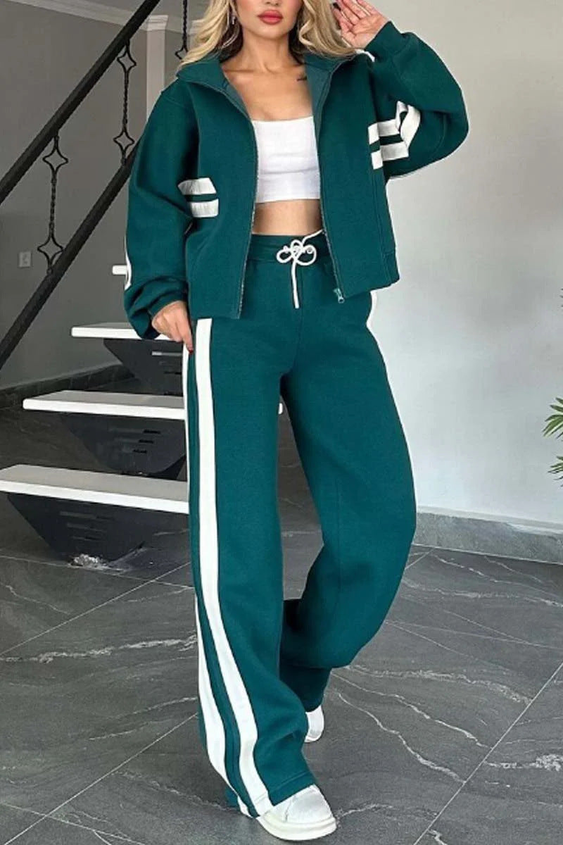 Women Two-Piece Sweat Set with Zipper Jacket and High-Waist Relaxed Jogging Pants Mune Fashion