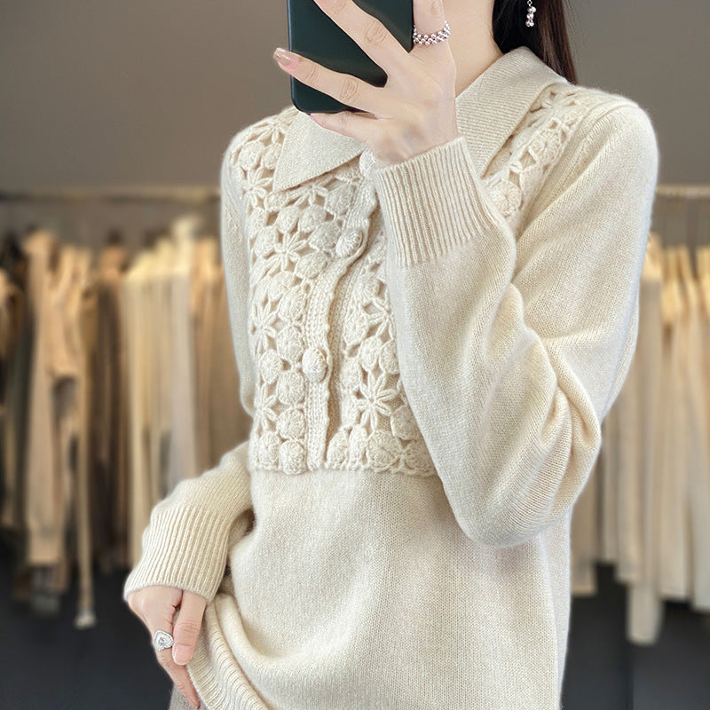 Women's knitted pullover with crocheted openwork trim and polo collar Mune Fashion