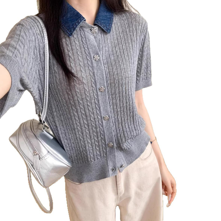 Women's Short Sleeve Knit Cardigan with Cable Pattern and Contrasting Denim Collar Mune Fashion