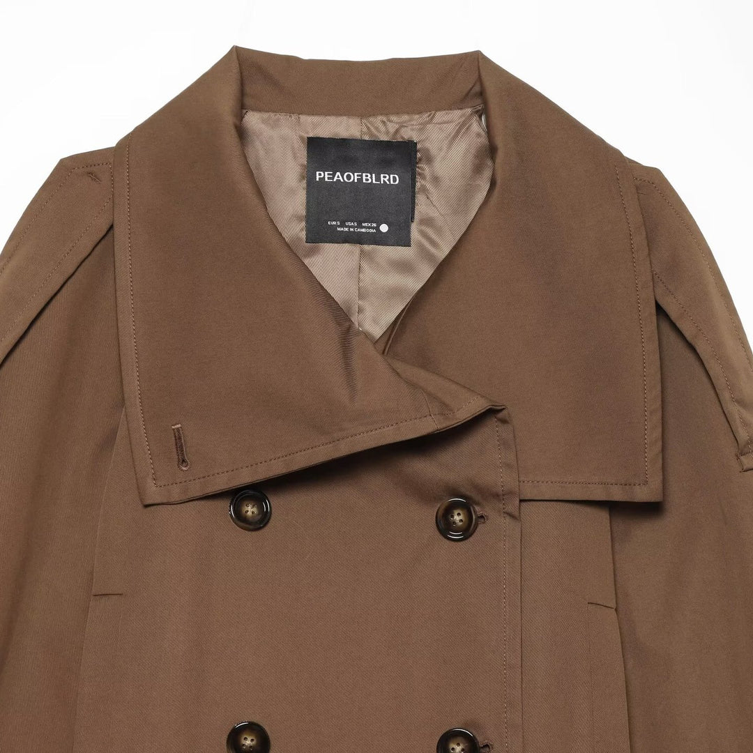 Women's Short Trench Coat in Cropped Cut with Double-Breasted Button Placket and Waist Belt Mune Fashion
