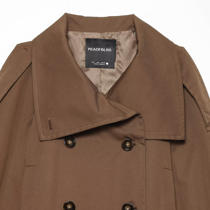 Women's Short Trench Coat in Cropped Cut with Double-Breasted Button Placket and Waist Belt Mune Fashion