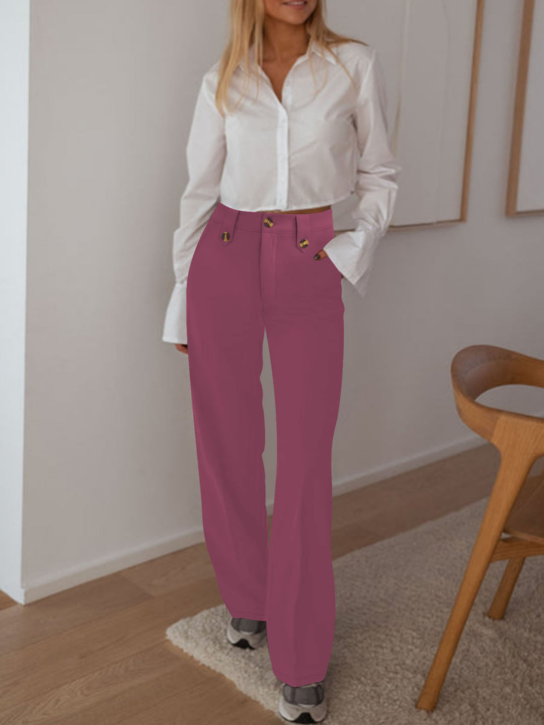 Women's high-waisted palazzo pants with waistband tab, crease and wide leg Mune Fashion