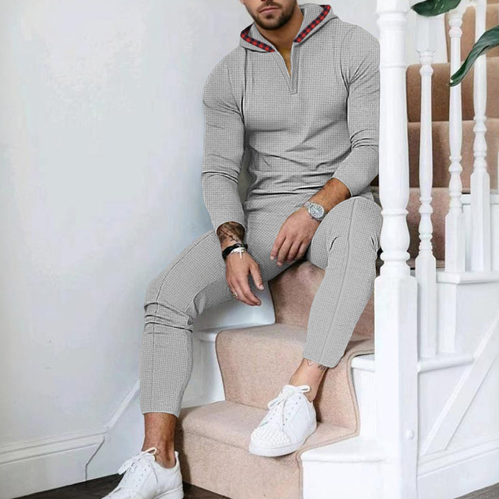 Men's Nano Slim-Fit Waffle Knit Hoodie Set with Half Zip, Contrast Lined Hood and Tapered Jogging Pants Mune Fashion