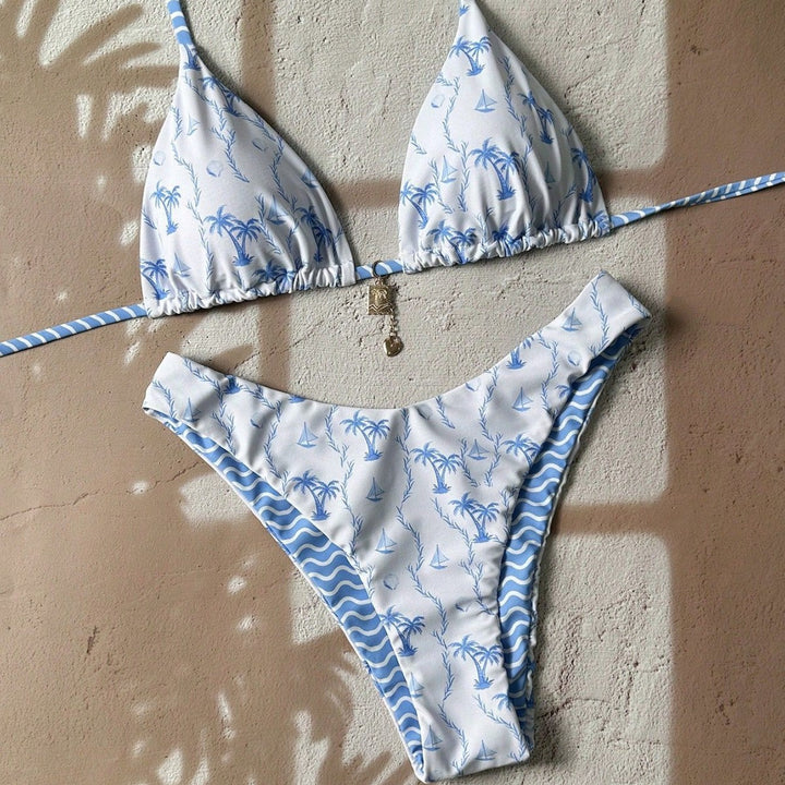 Women Triangle Bikini with Tropical Pattern Mune Fashion