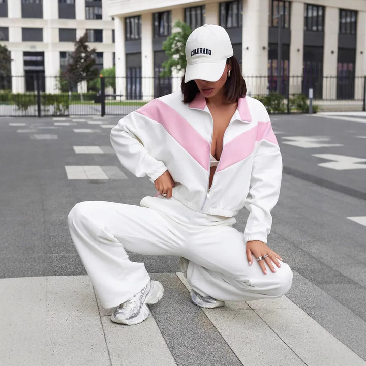 Women's cropped zip jacket and wide track pants with contrasting side stripe Mune Fashion