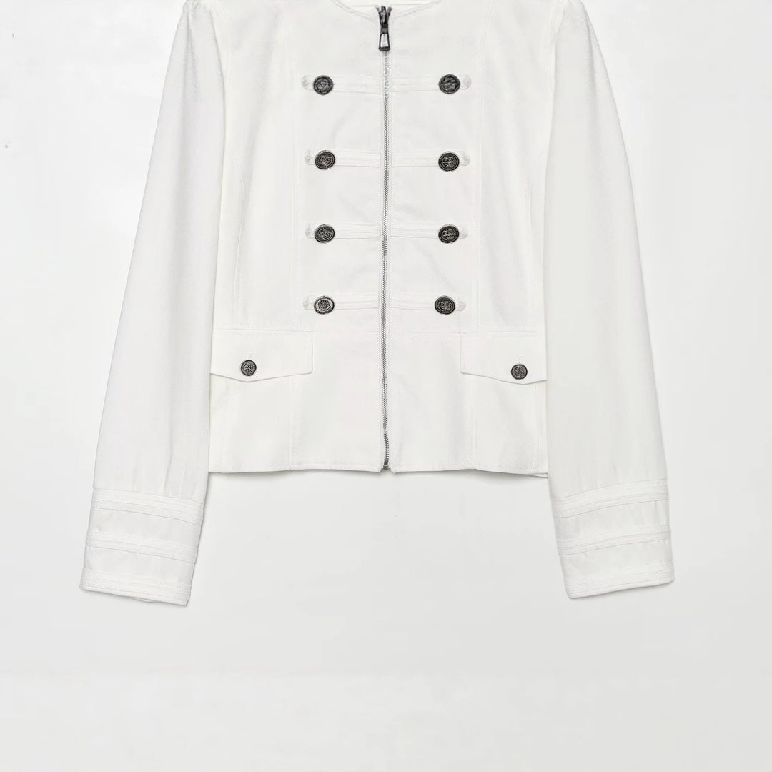 Women Short Military Inspired Jacket with Stand-Up Collar Double-Breasted Buttons and Zipper Mune Fashion