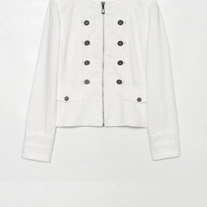 Women Short Military Inspired Jacket with Stand-Up Collar Double-Breasted Buttons and Zipper Mune Fashion