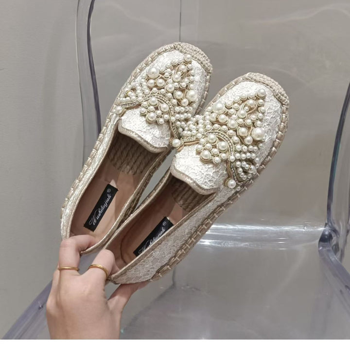 Women's embroidered espadrilles with hand-decorated pearl appliqués Mune Fashion