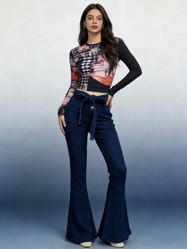 Women's High-Waist Denim Pants with Bow Tie, High Waist and Wide Flare Mune Fashion