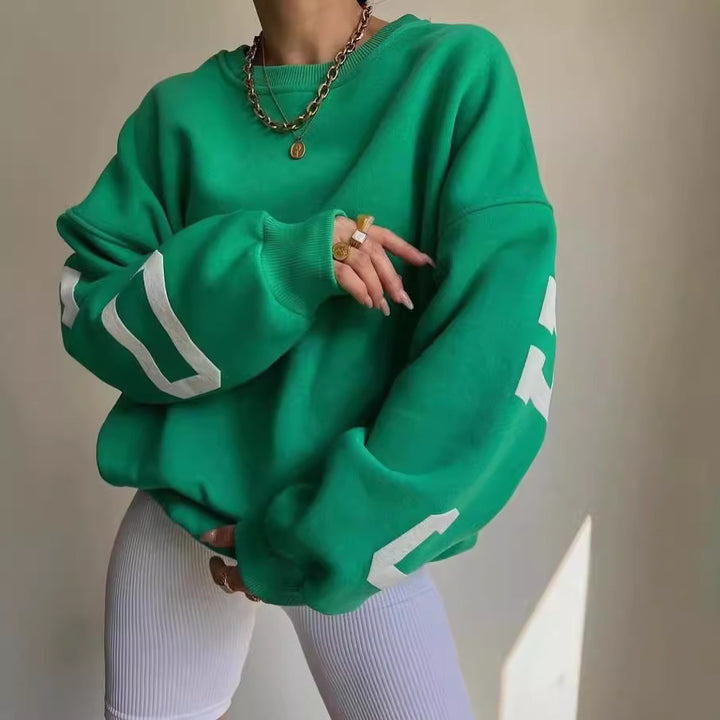 Women's Oversized Sweatshirt with Block Print Sleeves and Wide Drop Shoulder Cut Mune Fashion