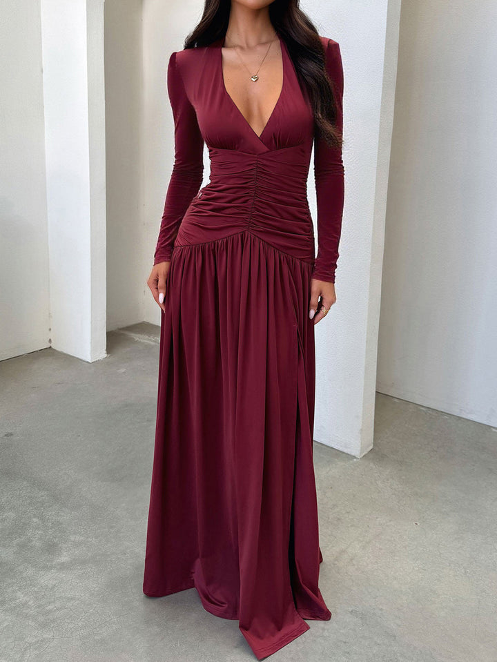 Ladies elegant evening dress with gathered wrap top, high slit and velvet sleeves Mune Fashion