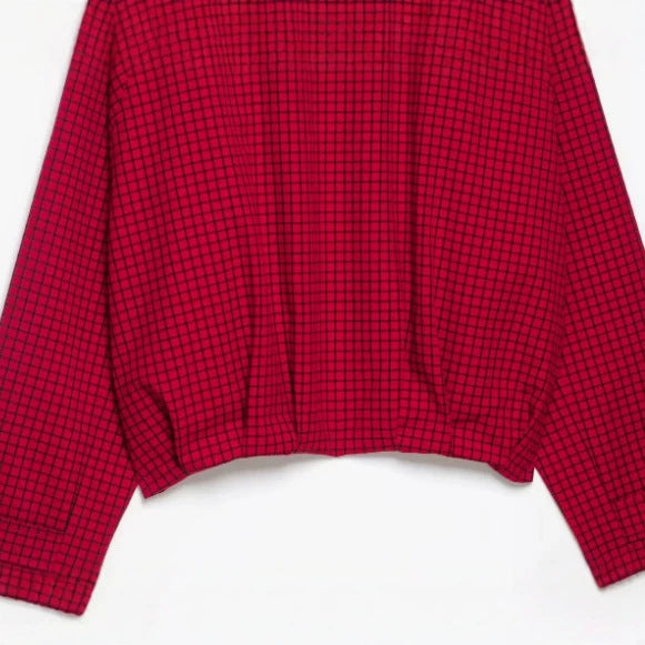 Women's Cropped Bomber Jacket with Stand-up Collar, Check Pattern and Elastic Hem Mune Fashion