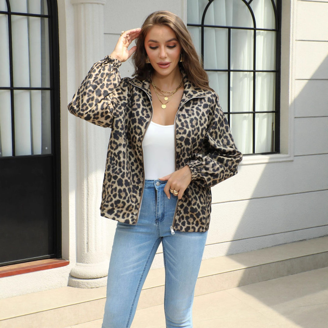 Women's Leopard Print Bomber Jacket with Stand-up Collar, Zipper and Elastic Mune Fashion