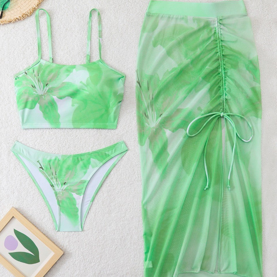 Women's bikini set with floral balconette top and transparent wrap skirt Mune Fashion
