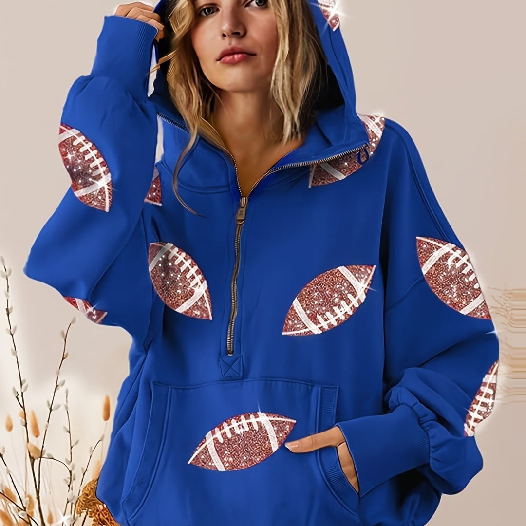 Women's Oversized Hoodie with Half Zipper and Sequin Football Application Mune Fashion