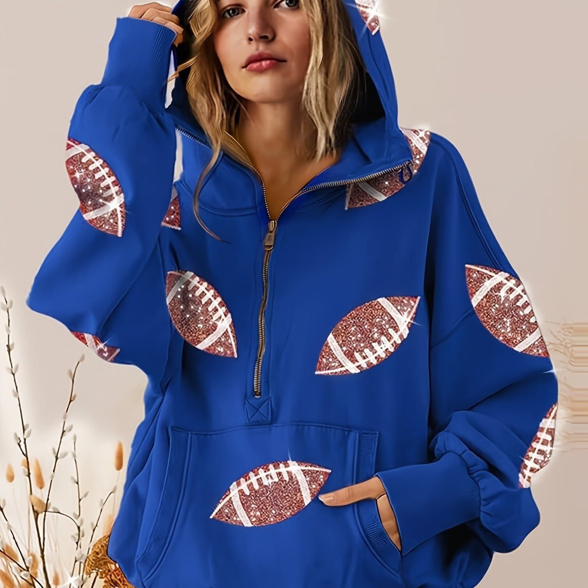 Women's Oversized Hoodie with Half Zipper and Sequin Football Application Mune Fashion