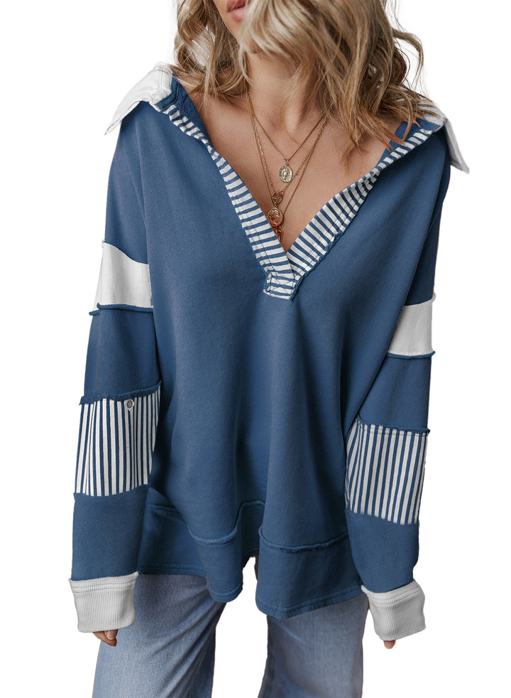 Women Oversize Sweatshirt with V-neck, striped sleeve inserts and contrast details Mune Fashion