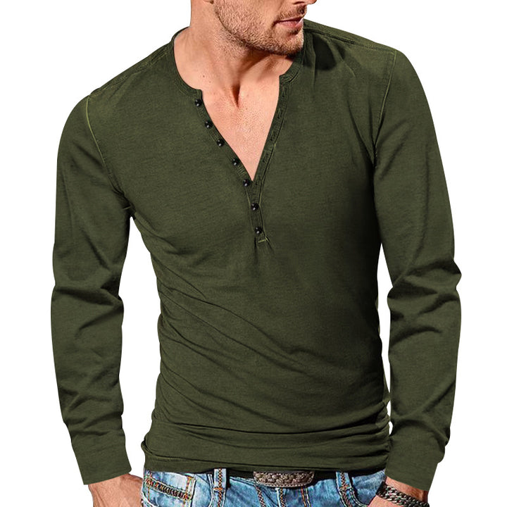 Men's long-sleeve Henley shirt with deep V-button placket, slim fit, and lightweight cotton blend Mune Fashion