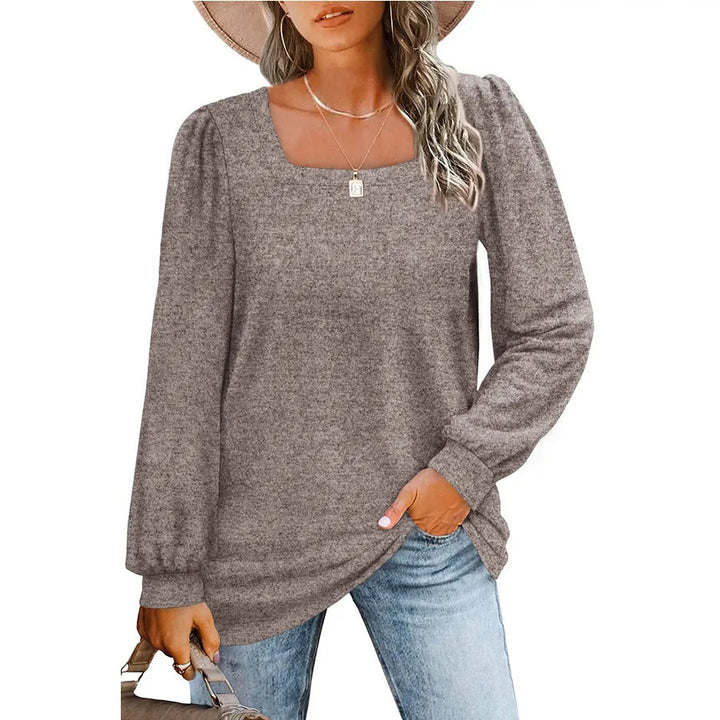 Women's relaxed fine-knit sweater with square neckline, puff shoulder, and cuffs