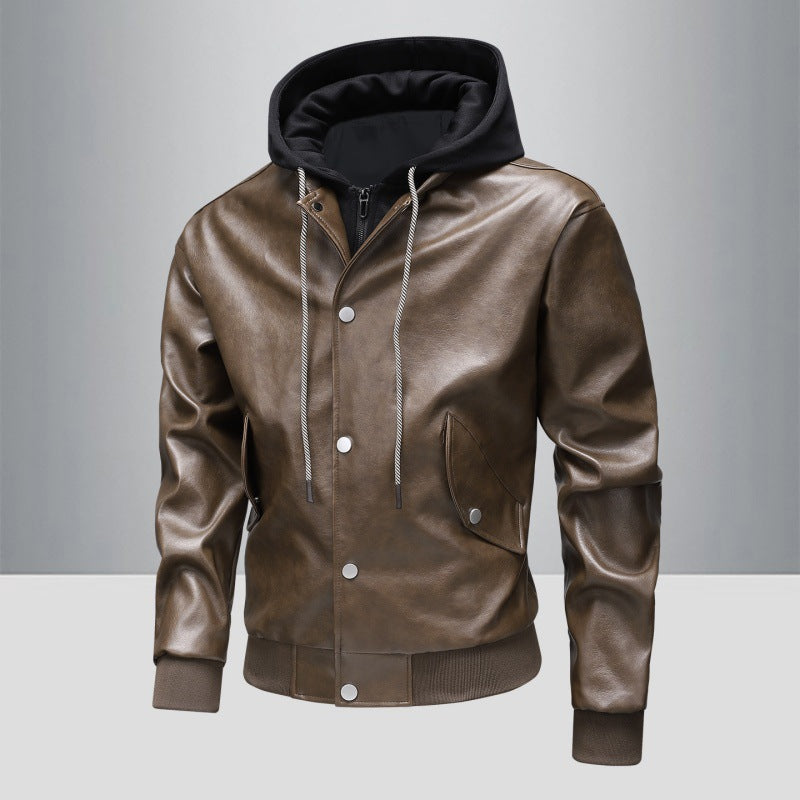 Men's leather bomber jacket with integrated hood insert and ribbed cuffs Mune Fashion