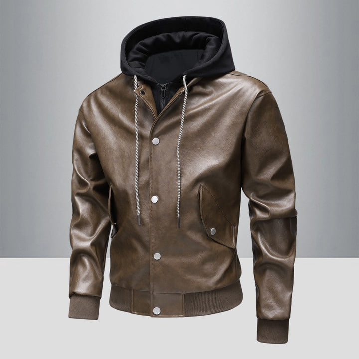 Men's leather bomber jacket with integrated hood insert and ribbed cuffs Mune Fashion