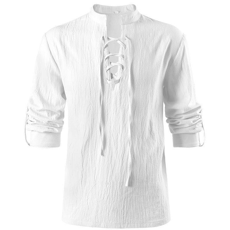 Men's casual short-sleeve shirt with laced V-neck, short stand-up collar, and soft cotton blend Mune Fashion