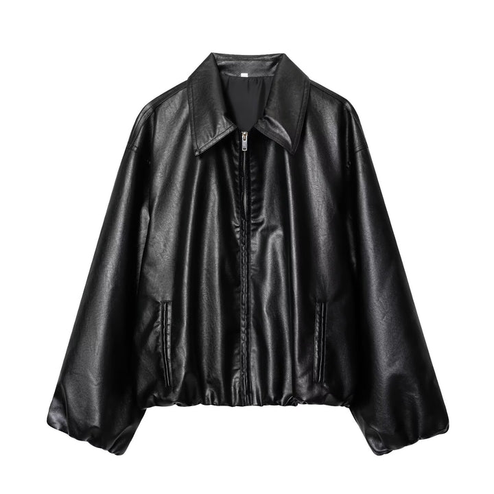 Ladies Boxy Leather Look Bomber Jacket with Concealed Zipper and Elastic Hem Mune Fashion