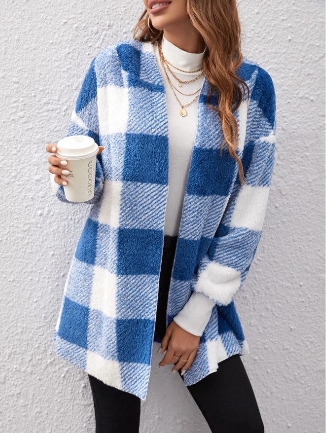 Women's checked teddy coat with large lapel collar and ribbed cuffs Mune Fashion