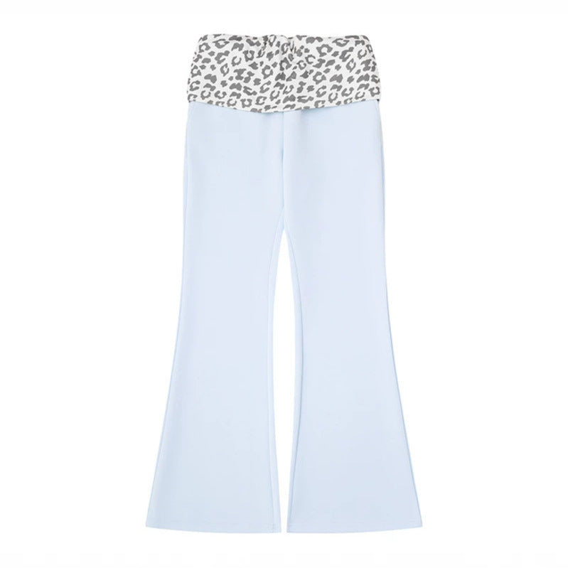 Women's Wide Jersey Lounge Pants with Flared Hem and Turned-Down Leopard Waistband Mune Fashion