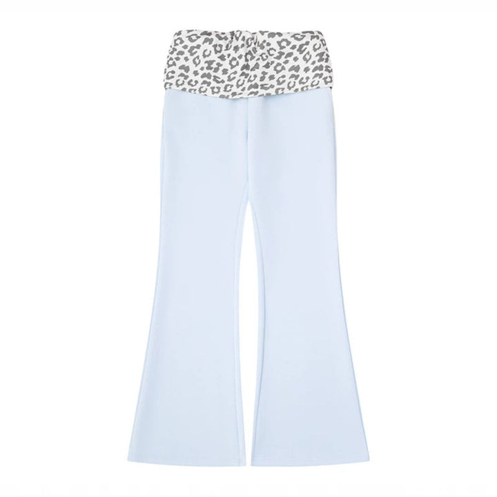 Women's Wide Jersey Lounge Pants with Flared Hem and Turned-Down Leopard Waistband Mune Fashion