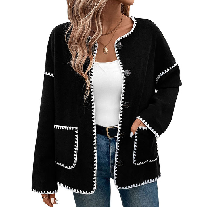 Women's oversized cardigan with contrasting decorative seams, patch pockets and button placket Mune Fashion